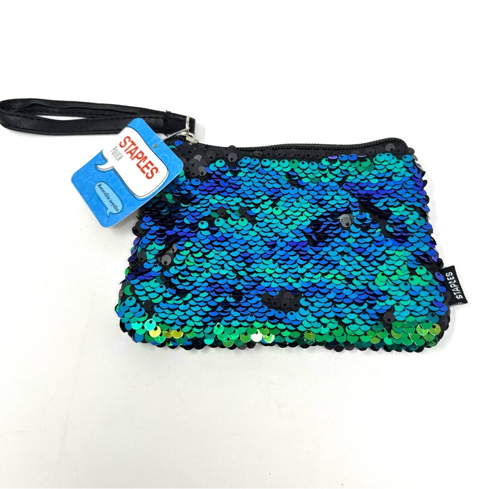 Staples Sequins Zippered Makeup Travel Pouch Green Blue Gradient 6 x 4.5 NEW